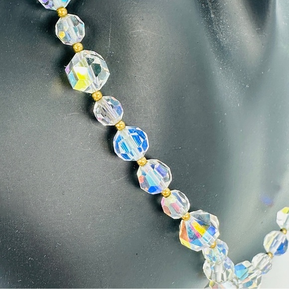 Vintage AB Aurora Borealis Crystal Necklace Faceted Beads Iridescent 16.5” Glam - Picture 7 of 11